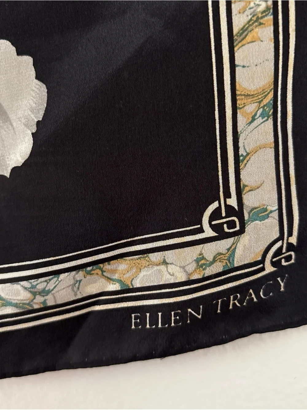 Ellen Tracy Black Floral Silk Scarf with Green Leaves